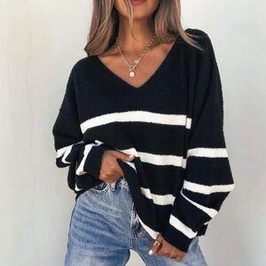 H&M Basique Black and White Striped V-Neck Sweater, XL